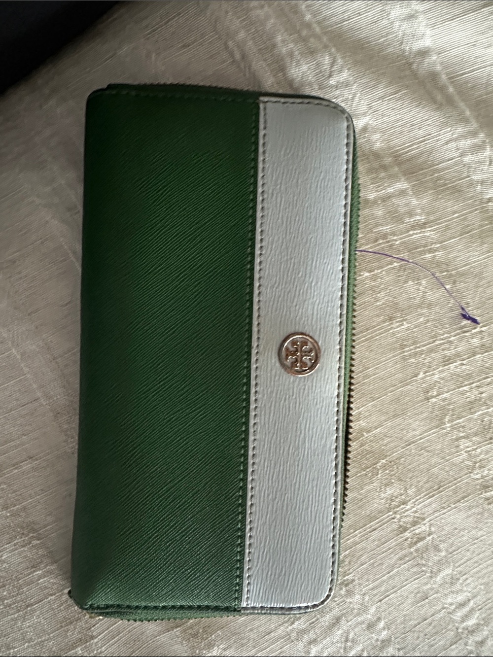 Tory Burch Two-Tone Green and White Zip Wallet